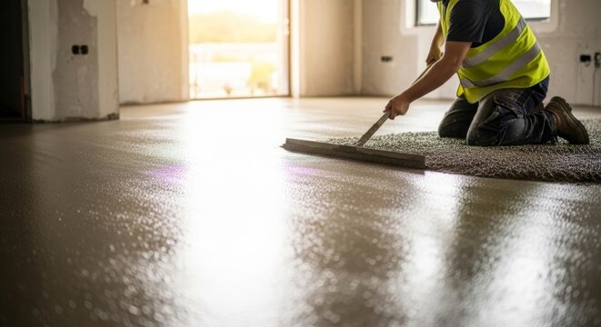 Skilled contractor leveling fresh concrete floor with screed tool in new home construction, bright natural light