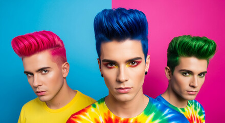 Fototapeta premium Portrait of three men with brightly dyed hair in pink, blue, and green, symbolizing individuality and bold self-expression against a colorful backdrop