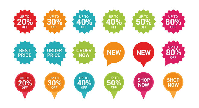 Collection of colorful sale discount tags and new product announcement labels with various percentage off