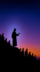 Fototapeta premium Jesus teaches a crowd on a hill during sunset with dark shadows of people in the background