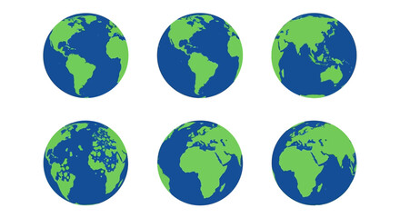 Set of six global Earth illustrations showcasing diverse continental views across the planet, representing world geography and interconnectedness © Mecklenburglaan