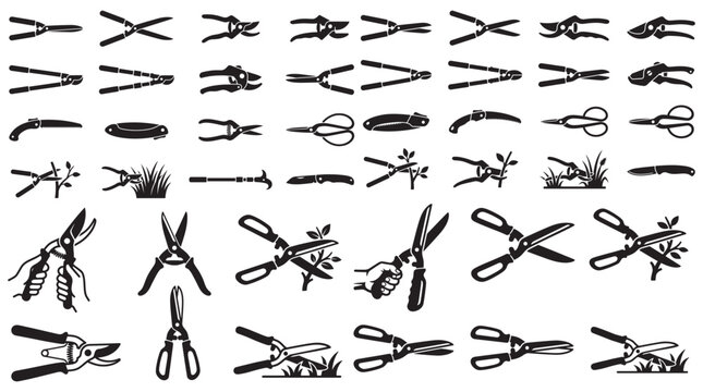 Garden Shears and Pruning Scissors Icon Set &ndash; Black Silhouettes for Gardening and Landscaping Design