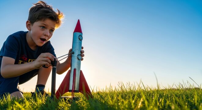 Young boy preparing to launch a custom model rocket in a grassy field at sunset, evoking imagination and STEM education