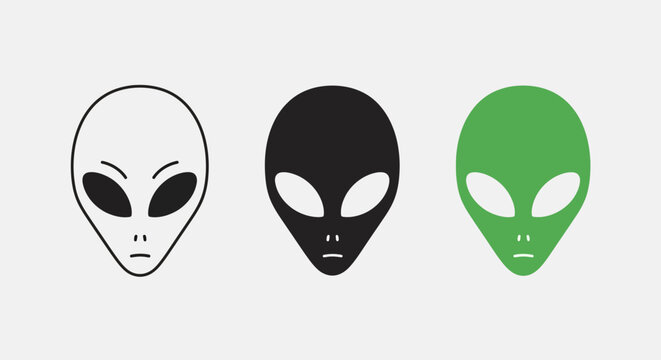 Three stylized alien head icons a black outline, a solid black silhouette, and a green silhouette representing extraterrestrial life