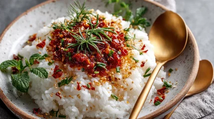 Cooked white rice presenting a delightful chili crisp topping, artfully garnished with fresh herbs and toasted sesame seeds, creating a savory and spicy side dish or light meal © syhin_stas
