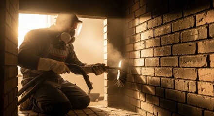 Naklejka premium Professional chimney sweep cleans fireplace with brush and vacuum in warm afternoon light, emphasizing home maintenance and clean air