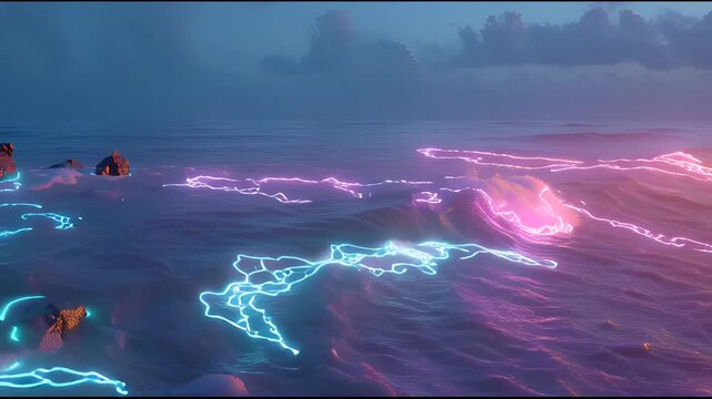 Surreal ocean waves crashing on rocks with neon glowing lines, abstract psychedelic seascape