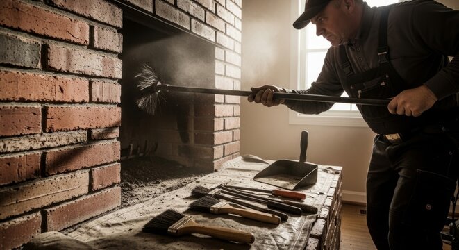 Professional chimney sweep cleans fireplace with brush in warm natural light, showcasing expert home maintenance and craftsmanship.