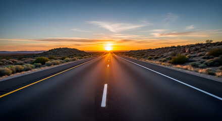 Fototapeta premium An asphalt highway stretches into the distance towards a bright sun setting over a desert landscape with sparse vegetation.