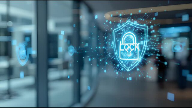 Businessman Hand Activating Cyber Security Shield and Padlock Hologram Interface