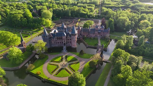 Aerial drone view of neogothic castle de Haar, the largest castle in the Netherlands, province of Utrecht, May 14, 2026. High quality 4k footage