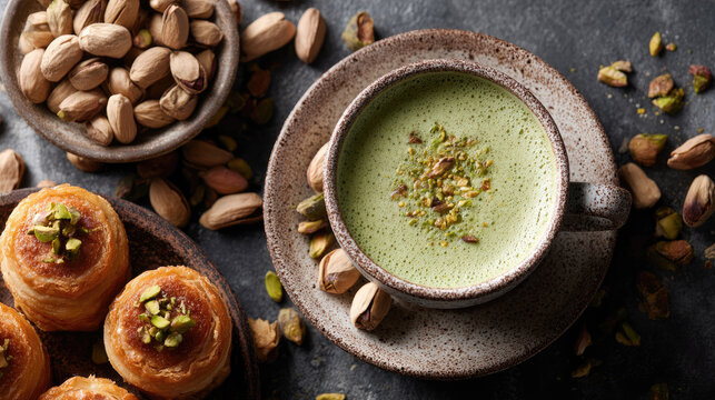 Comforting pistachio latte warming a stoneware mug, surrounded by delicate kataifi pastries topped with chopped pistachios and whole nuts, enjoying a sweet break