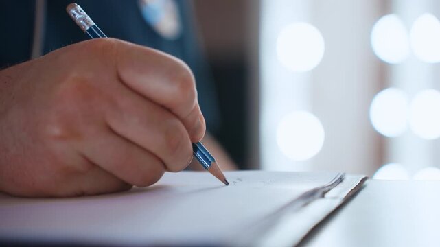 Black paramedic writing ambulance report, urgent blue lights bokeh, clipboard on gurney, pen filling incident form, documenting vitals and treatments, siren hum in background, crew coordination, rapid