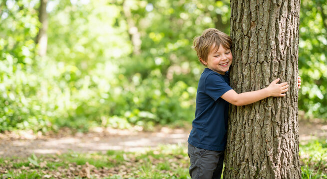 Smiling boy hugging a large tree trunk in a green forest. Happy child showing love for nature and environment. Copy space for text