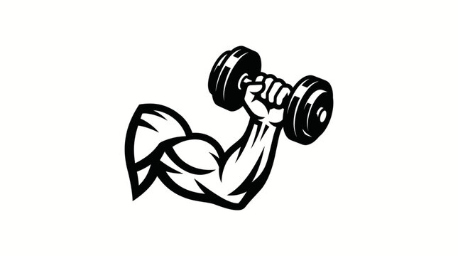 Strong muscular arm flexing bicep and holding a dumbbell, black and white illustration of fitness and strength.