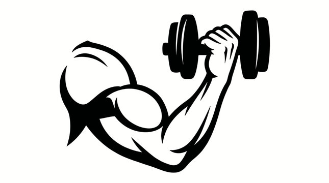 Black and white graphic illustration of a strong, muscular arm flexing a bicep while lifting a dumbbell, symbolizing strength and fitness.