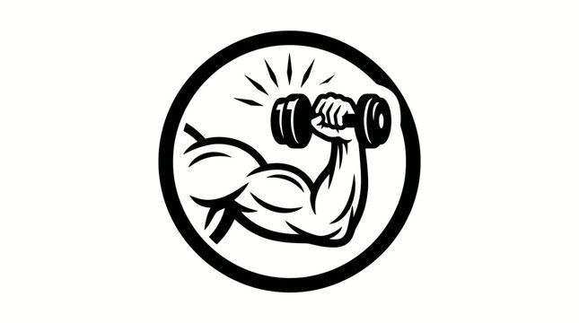 A strong, flexing bicep arm holding a dumbbell in a circular graphic, symbolizing strength and fitness.
