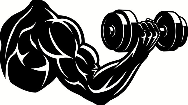 A powerful, stylized black and white graphic illustration of a muscular arm flexing its bicep while lifting a heavy dumbbell, symbolizing strength and fitness.
