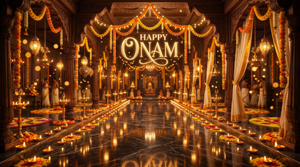 Obraz premium Radiant Onam temple celebration with traditional lamps for festive greeting and cultural heritage promotion