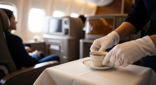 Flight attendant in white gloves serves coffee in airplane cabin interior, providing attentive customer care