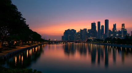 Fototapeta premium A serene nighttime cityscape is beautifully reflected on the water under the warm glow of the twilight sky