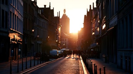 Fototapeta premium A view down a historic city street bathed in warm golden midday sunlight highlighting the architecture and urban atmosphere