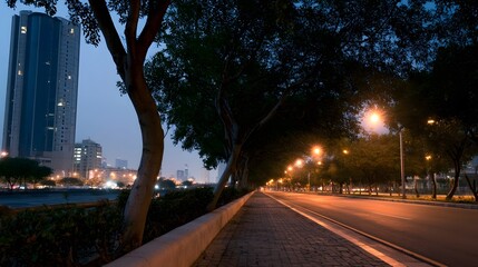 Obraz premium A serene view of modern city architecture lined with lush trees along a paved path at twilight