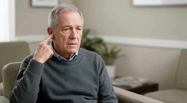 Senior man pointing to his ear experiencing pain. Geriatric male suffering from severe tinnitus or hearing loss symptoms
