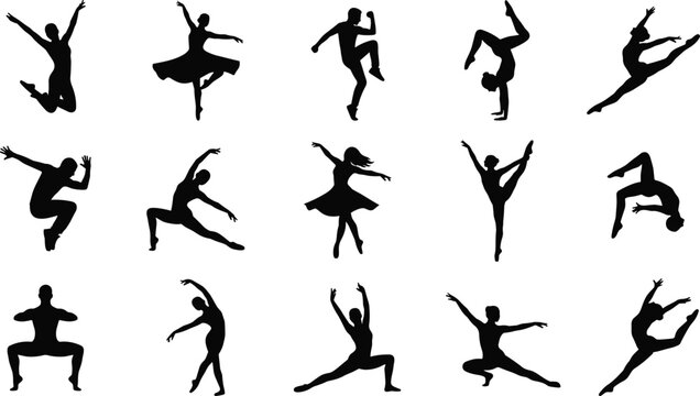 Black vector silhouette collection of male and female dancers performing ballet, gymnastics, and contemporary dance poses