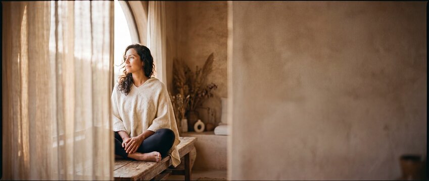Serene woman sitting by window in rustic home contemplating and relaxing in warm earthy tone cozy room, peaceful mindful wellness lifestyle concept with copy space, natural light interior background.
