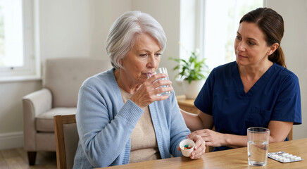 Naklejka na ściany i meble Geriatric patient taking prescribed medication with water. Senior woman holding pills while supportive nurse in scrubs comforts her. Mental health and pharmaceutical care concept