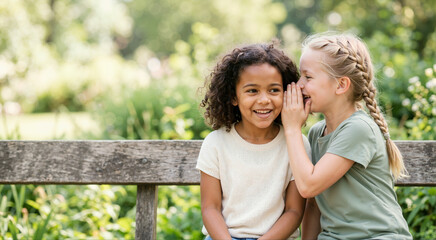 Naklejka premium Two young girls whispering secrets on park bench. Friends sharing stories outdoors. Childhood friendship concept