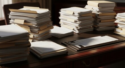Fototapeta premium Overwhelmed by massive stacks of documents on an executive office desk, symbolizing bureaucracy and information overload for business strategy