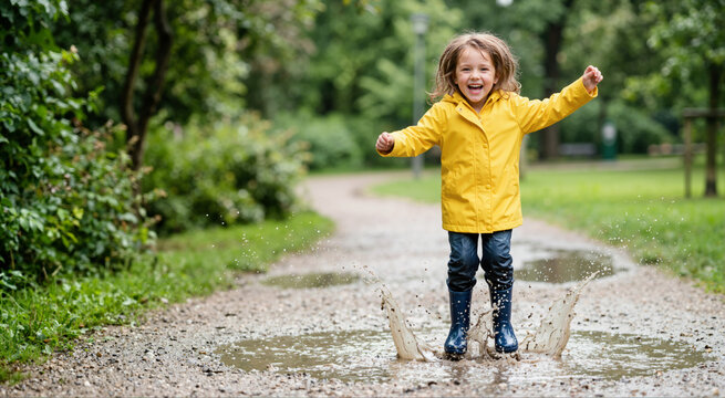 Young child jumping in a muddy puddle. Happy kid wearing a yellow raincoat and boots outdoors