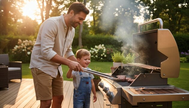 Happy father and child grilling in the backyard together during a sunny summer afternoon, celebrating a joyful Father's Day concept with a family outdoor barbecue party