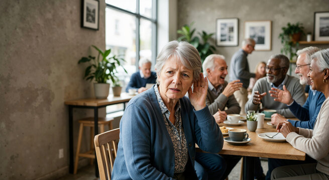 Older woman cupping hand behind ear struggling to hear in noisy cafe. Senior patient looking confused experiencing deafness and social isolation. Hearing loss concept