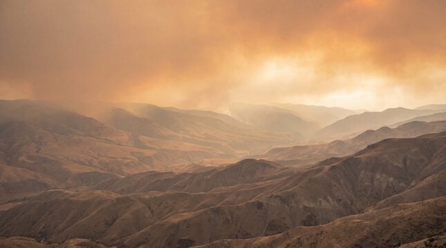 Wildfire haze over valley, Super El Nino heat drought effect, Climate disaster landscape, Smoky atmosphere, Hopeful sunlight background