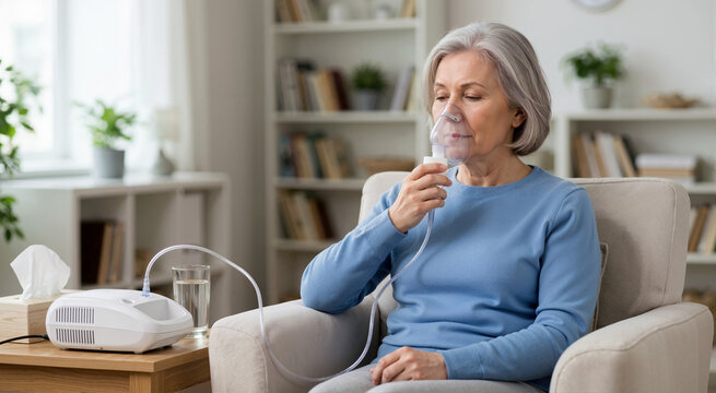 Older woman using nebulizer machine for deep inhalation therapy at home. Senior patient receiving respiratory medication delivery for COPD treatment and bronchial dilation