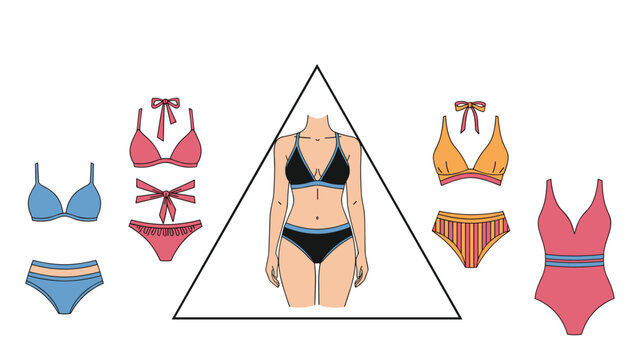 Fashion infographic showing various styles of swimwear suitable for a woman with an inverted triangle body shape type.