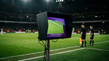 Fototapeta premium Close-up of a VAR monitor on the sideline of an illuminated football stadium pitch
