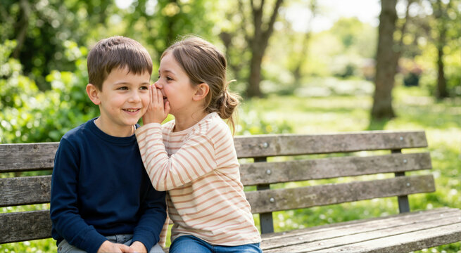 Young girl whispering secret to boy on park bench. Children sharing stories outdoors. Childhood friendship concept