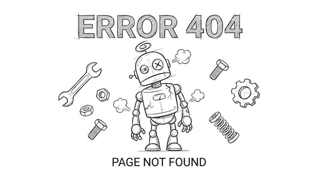 Error landing page : A broken robot malfunctions and falls apart with tools scattered around it on a screen displaying an error message.	