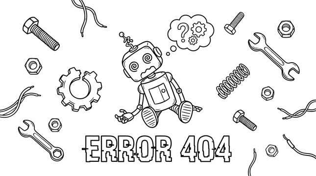 Error landing page : A broken robot malfunctions and falls apart with tools scattered around it on a screen displaying an error message.	