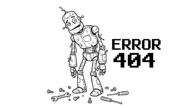 Error landing page : A broken robot malfunctions and falls apart with tools scattered around it on a screen displaying an error message.	