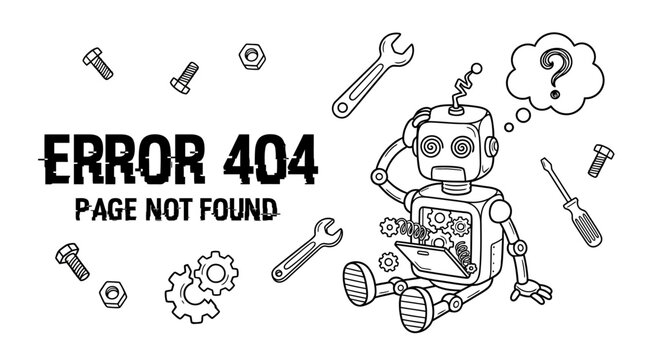 Error landing page : A broken robot malfunctions and falls apart with tools scattered around it on a screen displaying an error message.	