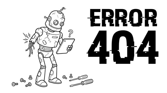 Error landing page : A broken robot malfunctions and falls apart with tools scattered around it on a screen displaying an error message.	