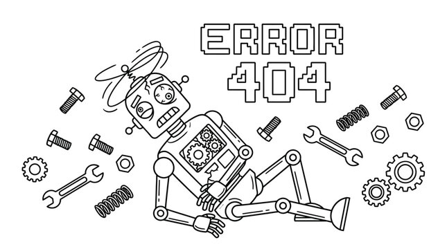 Error landing page : A broken robot malfunctions and falls apart with tools scattered around it on a screen displaying an error message.	