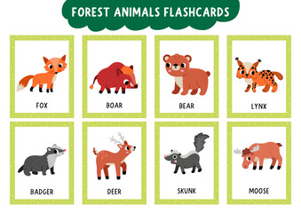 Obraz premium Vector forest animals flash cards set with fox, boar, bear, lynx. English language game for kids. Woodland flashcards. Simple nature educational printable worksheet with deer, moose