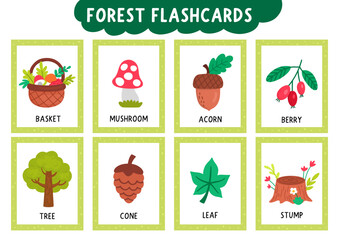 Obraz premium Vector forest flash cards set with basket, mushroom, tree, cone, acorn. English language game for kids. Woodland symbols flashcards. Simple nature educational printable worksheet with berry, leaf