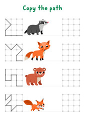 Fototapeta premium Forest animals drawing, writing, tracing, space orientation activity for kids with badger, fox, bear. Draw lines in square box according example. Woodland nature printable game, puzzle
